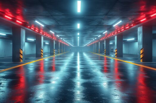 High-tech underground parking lot, smart parking sensors, LED guidance lights, futuristic design, clean lines, empty space, professional architectural visualization