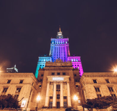 WARSAW, POLAND - Mar, 2018 Entrance of Kinoteka at The Palace of Science and Culture in the city center at night