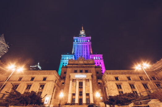 WARSAW, POLAND - Mar, 2018 Entrance of Kinoteka at The Palace of Science and Culture in the city center at night